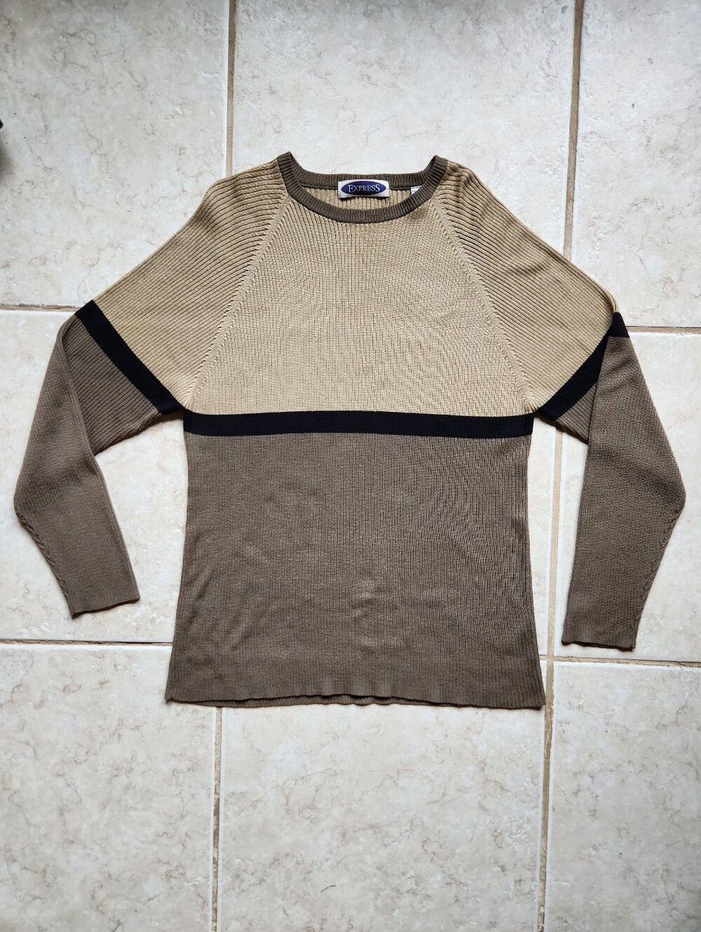 Vintage Express Colorblock Knit Sweater Medium Beige Brown Neutral Y2K 90s